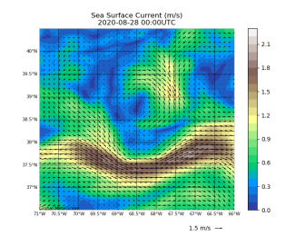 High-Resolution Ocean Model 3.5km. Sea Surface Current, Gulf Stream Passage off USA.