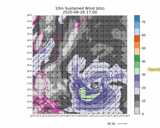 High-Resolution Weather Model 14kn, Temporal Hourly Steps. Tropical Development from Tropical Depression to Typhoon Stage. NW Pacific (off Taiwan) area.