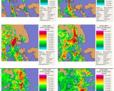 Radar images at half-hourly intervals between 0100 – 0330 LT on 5 May 2012 showing the build-up of intense “Sumatra” Squall over the western part of Singapore in the early hours and moved eastwards across the island. Source from NEA.