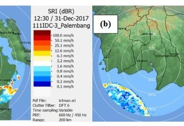 Surface rainfall intensity analysis along the squall system identified using SRI radar data. This product can estimate the amount of water that will precipitate at a constant height above the ground; (a) SRI product showing the maximum value of surface rainfall intensity of the first squall line system over South Sumatra region at 12.30 UTC, (b) SRI product showing the maximum value of surface rainfall intensity of the third squall line system over Java sea, near Kalimantan at 22.30 UTC. Source from OP Conf. Series publication.